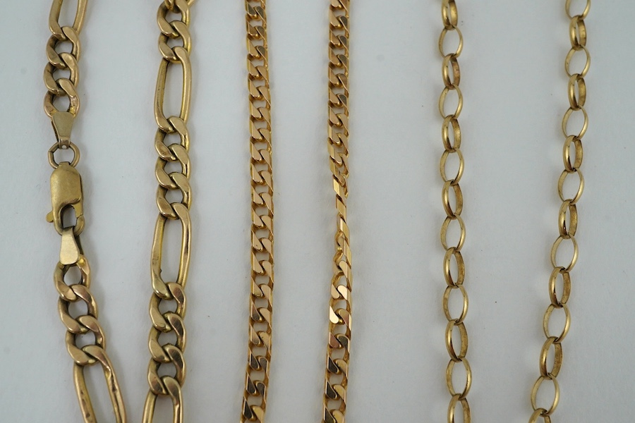 Two modern 9ct gold chains, longest 73cm and a modern 9ct gold bracelet, 25.9 grams. Condition - fair